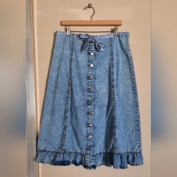 Denim Midi Skirt Ruffle Button Down Tie Peasant Cottage Coastal Cowgirl - Picture 2 of 6